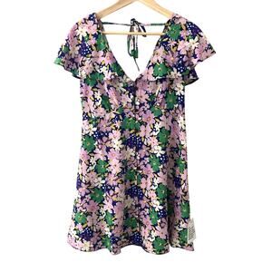 ASOS Design Flutter Sleeve Button Front Mini Dress - Purple Floral - 6